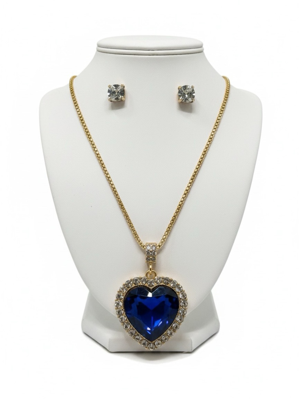 Gold Heart Pendant Necklace with Blue Crystal and Stud Earrings